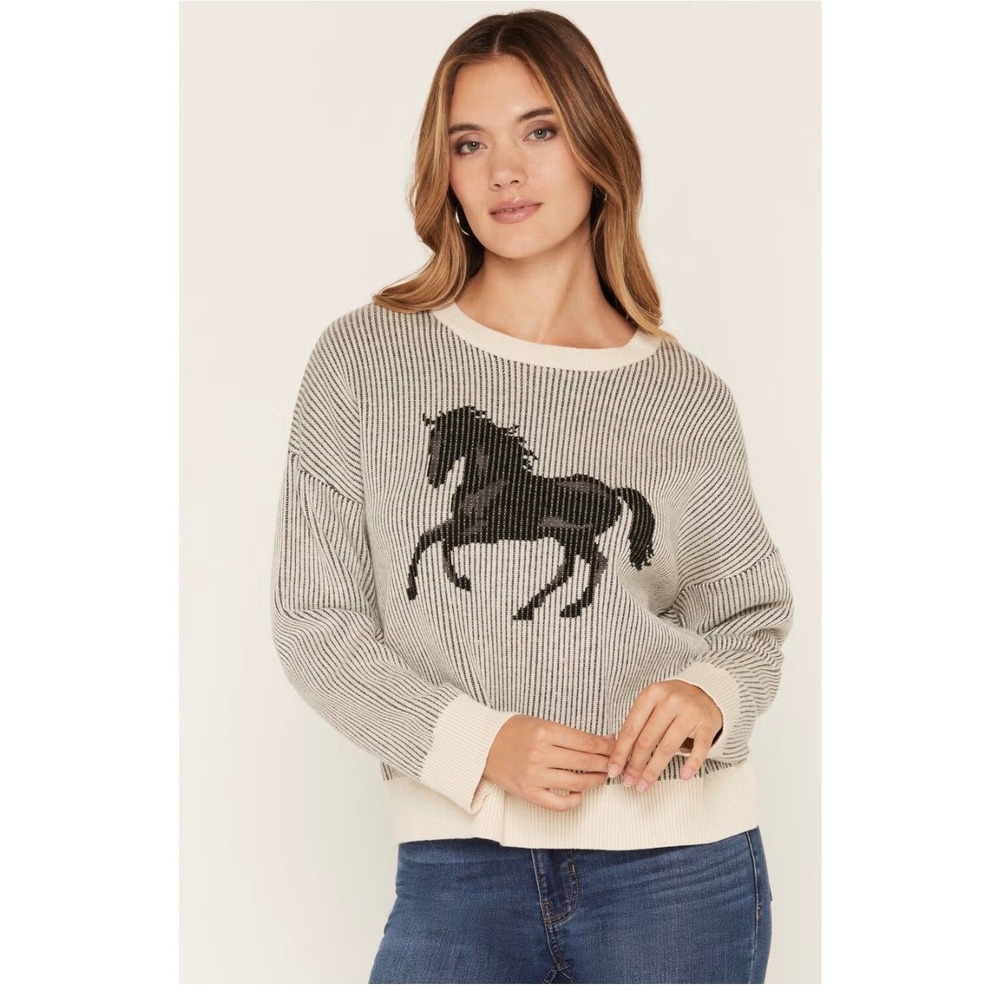 Originality Horse Graphic Sweater Women Small Cream Brown New Intarsia Knit